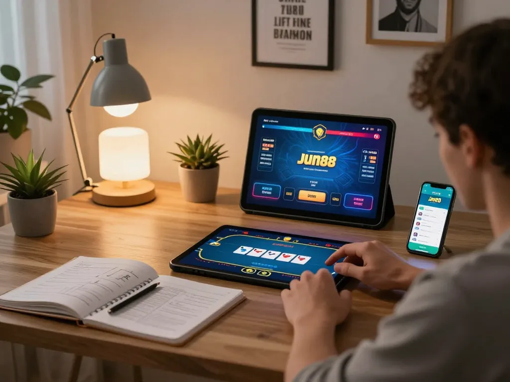 Player strategizing with Jun88 poker app on tablet, warm cozy gaming setup in modern home.
