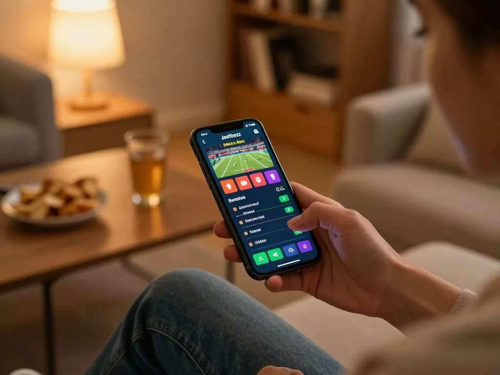 Engaging moment of a user checking live betting options on the Jeetbuzz App from a cozy home setting.