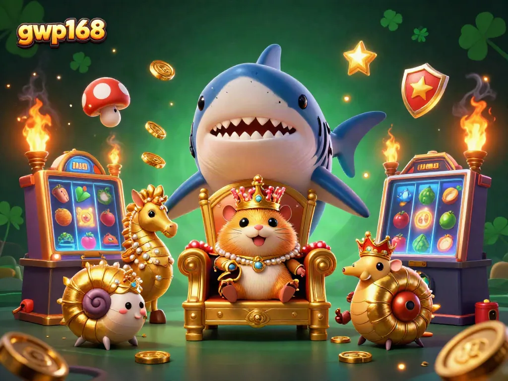 Permainan slot gacor dengan mahkota raja hamster kecil di atas gigi megalodon, simbol keberuntungan gwp168.