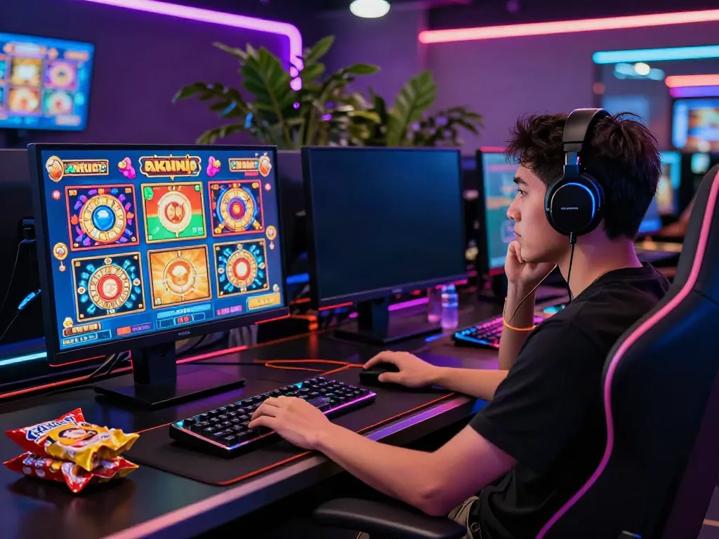 Online gambling with akunjp highlighted on vibrant screens and a focused player.