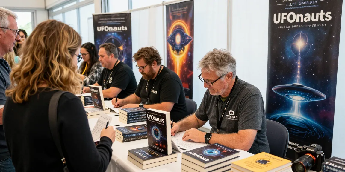 T Allen Greenfield signing books at NAGA2000 event, emphasizing spirituality and UFO themes.