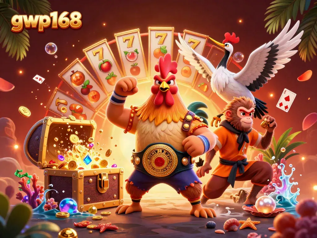 GWP168 menghadirkan ilustrasi permainan slot dengan karakter unik dan elemen menarik di sekitarnya.
