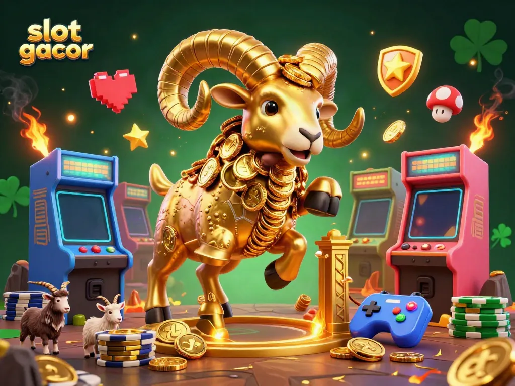 Engage with slot gacor amidst a vibrant 3D casino scene filled with games and golden characters.