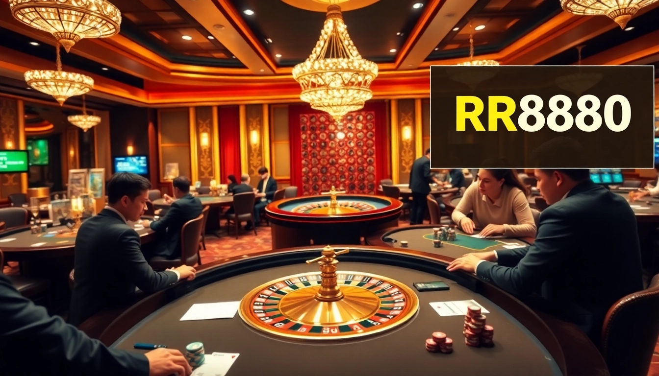 Exciting casino scene highlighting RR888 with players at poker tables and roulette wheel.