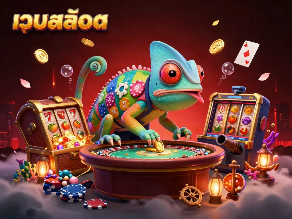 Immerse in a vibrant เว็บสล็อต scene with a chameleon casino owner and dynamic gaming elements.