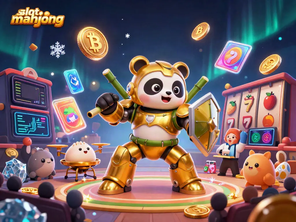 Experience slot mahjong excitement with vibrant scenes of a mech-suit panda and lively casino elements.