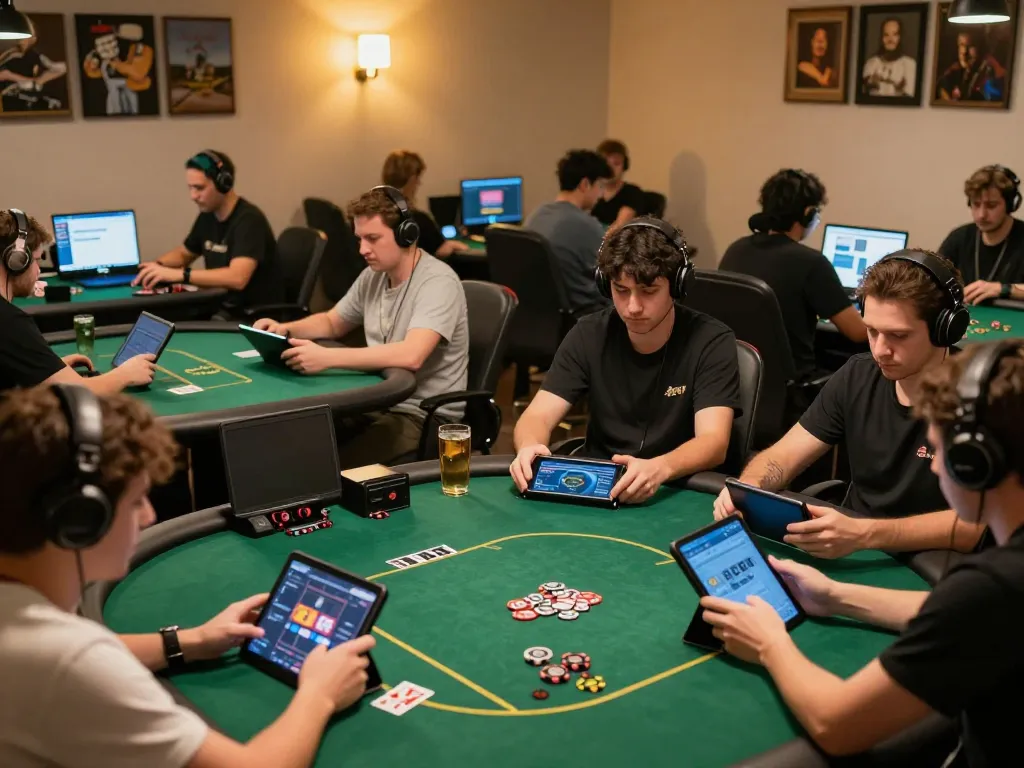 Players enjoying online poker at rikvip, showcasing excitement in a modern gaming setup.