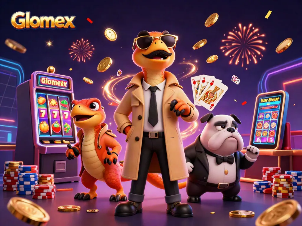 Glomex gathers casino excitement as raptors try to enter a VIP lounge amidst flying coins.