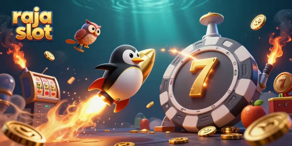 Seru bermain raja slot dengan penguin emas dan simbol buah mengelilingi jackpot.