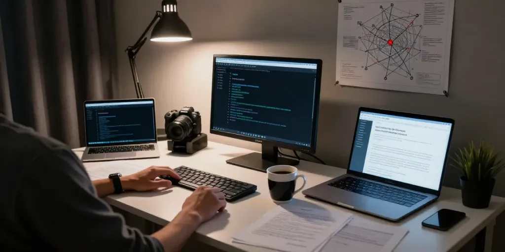 Researching hidden wiki dark web in a dimly lit home office with multiple monitors and investigative tools.