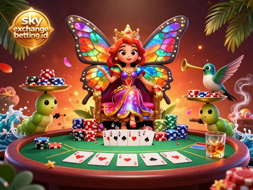 Experience the excitement of sky exchange betting id with dynamic characters in a lavish casino scene, showcasing poker elements.