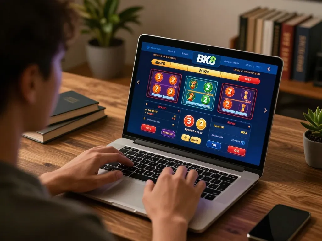 Player strategizing for success with BK8 casino games on laptop in cozy home setting