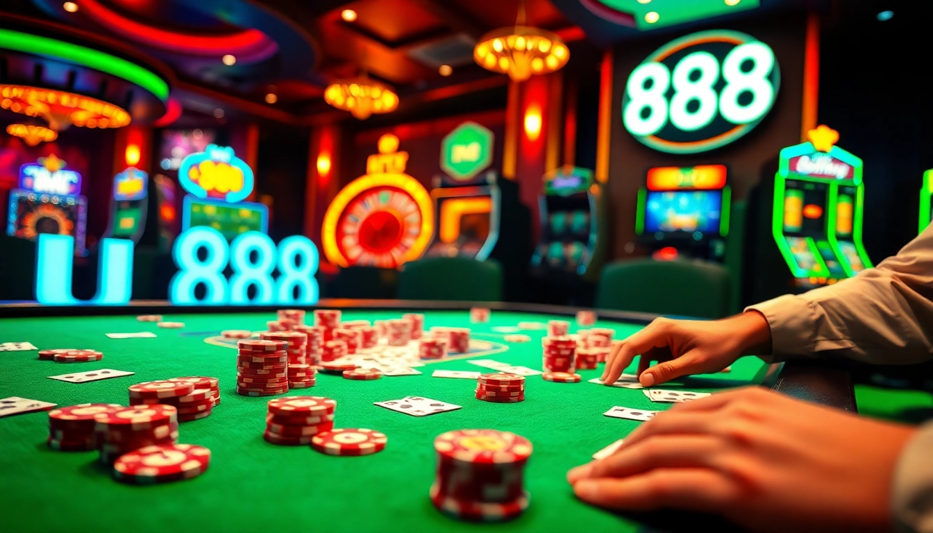 Exciting poker game scene showcasing u 888 casino elements with colorful chips and vibrant lighting.