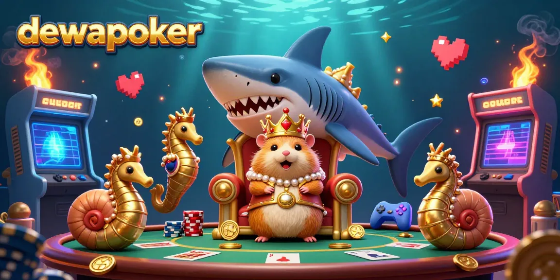 Dewapoker showcases a vibrant 3D scene with a hamster king and casino elements, including poker tables and gold coins.
