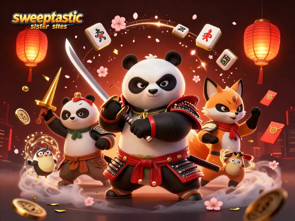 Sweeptastic sister sites bring excitement with 3D samurai panda and ninja fox under dynamic casino elements.