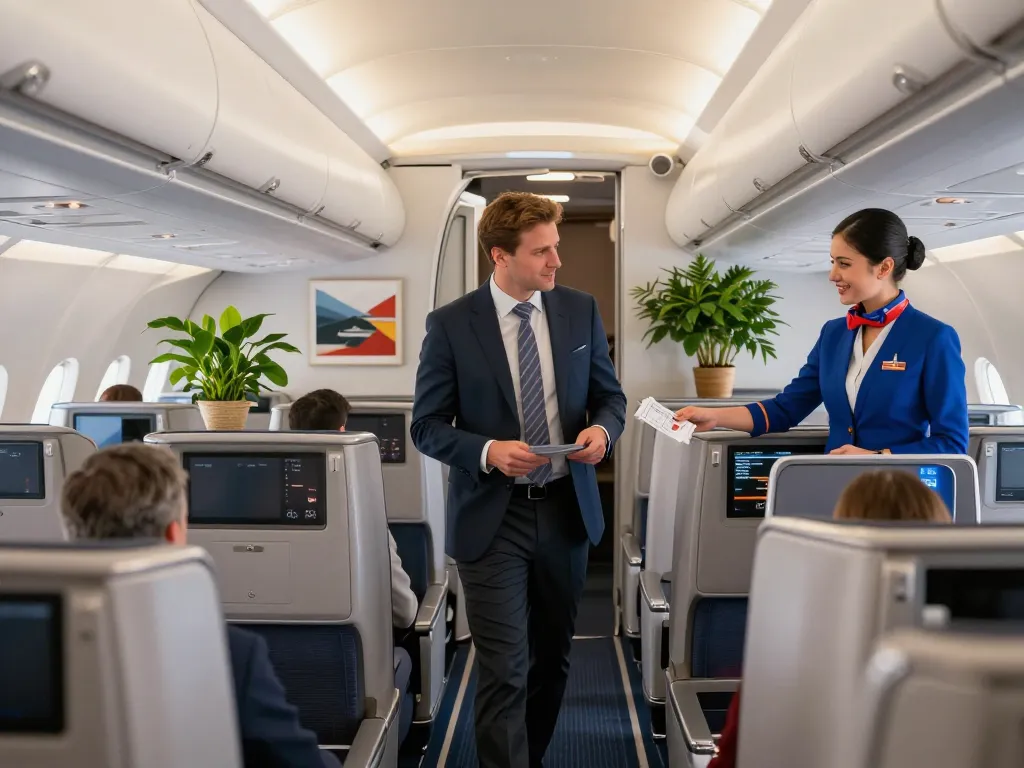 Passenger entering American Airlines 789P aircraft, showcasing Flagship Suite luxury interiors.