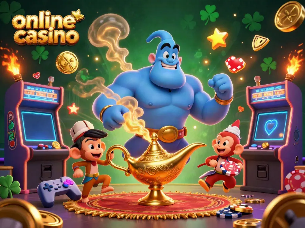 Experience the thrill of an online casino with dynamic illustrations featuring a genie, poker chips, and arcade elements.