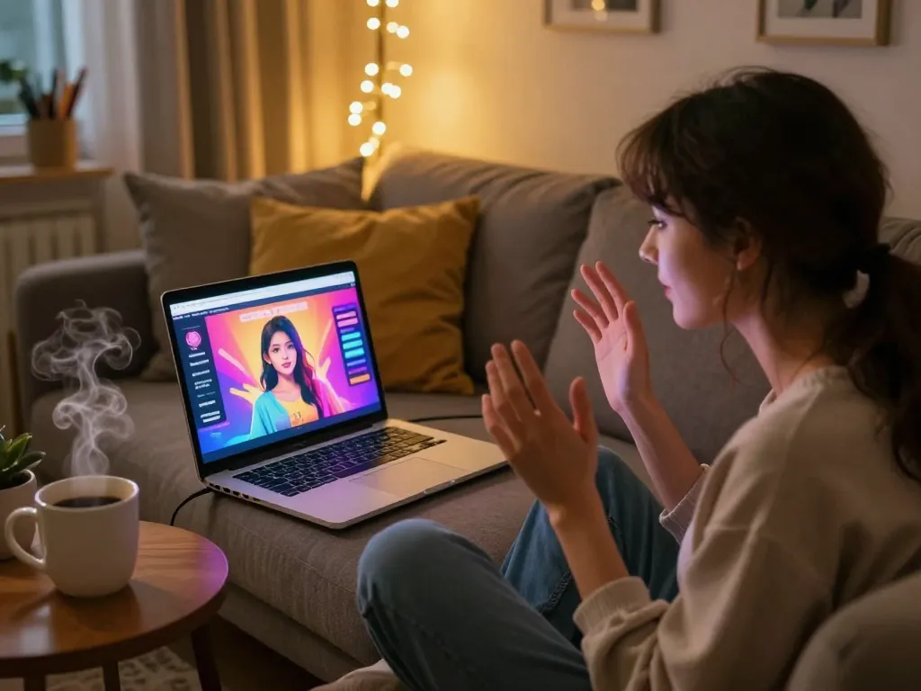 Engaging user in a cozy setting enjoying a personalized sex chat ai experience on a vibrant laptop