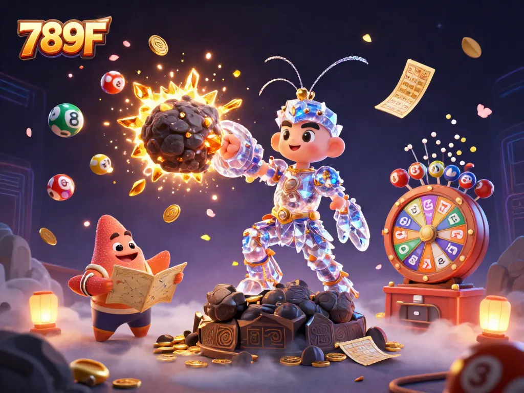 Engage with 789F's vibrant gaming experience featuring a galactic mantis shrimp, gold coins, and colorful lottery elements.