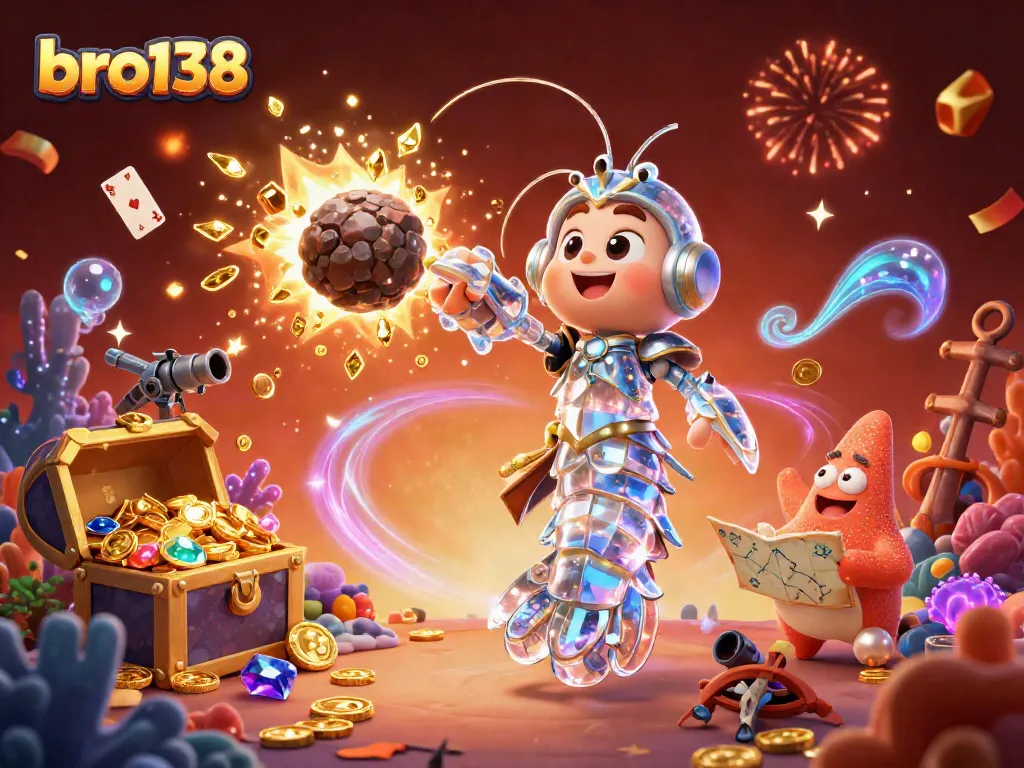 Experience thrilling wins at bro138 with our engaging 3D casino scene featuring vibrant characters and treasures.