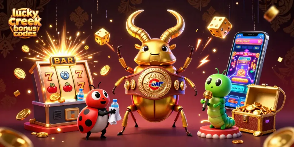 Experience lucky creek bonus codes in this vibrant casino scene featuring characters and animated elements.