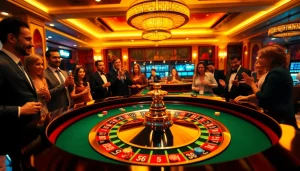 Engaging players at a casino roulette table with vibrant colors and lively atmosphere.