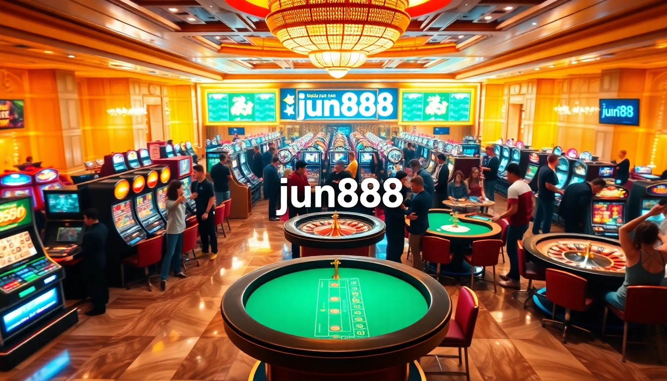Experience the thrill of gambling with jun888 at a vibrant casino scene filled with lively games and excitement.