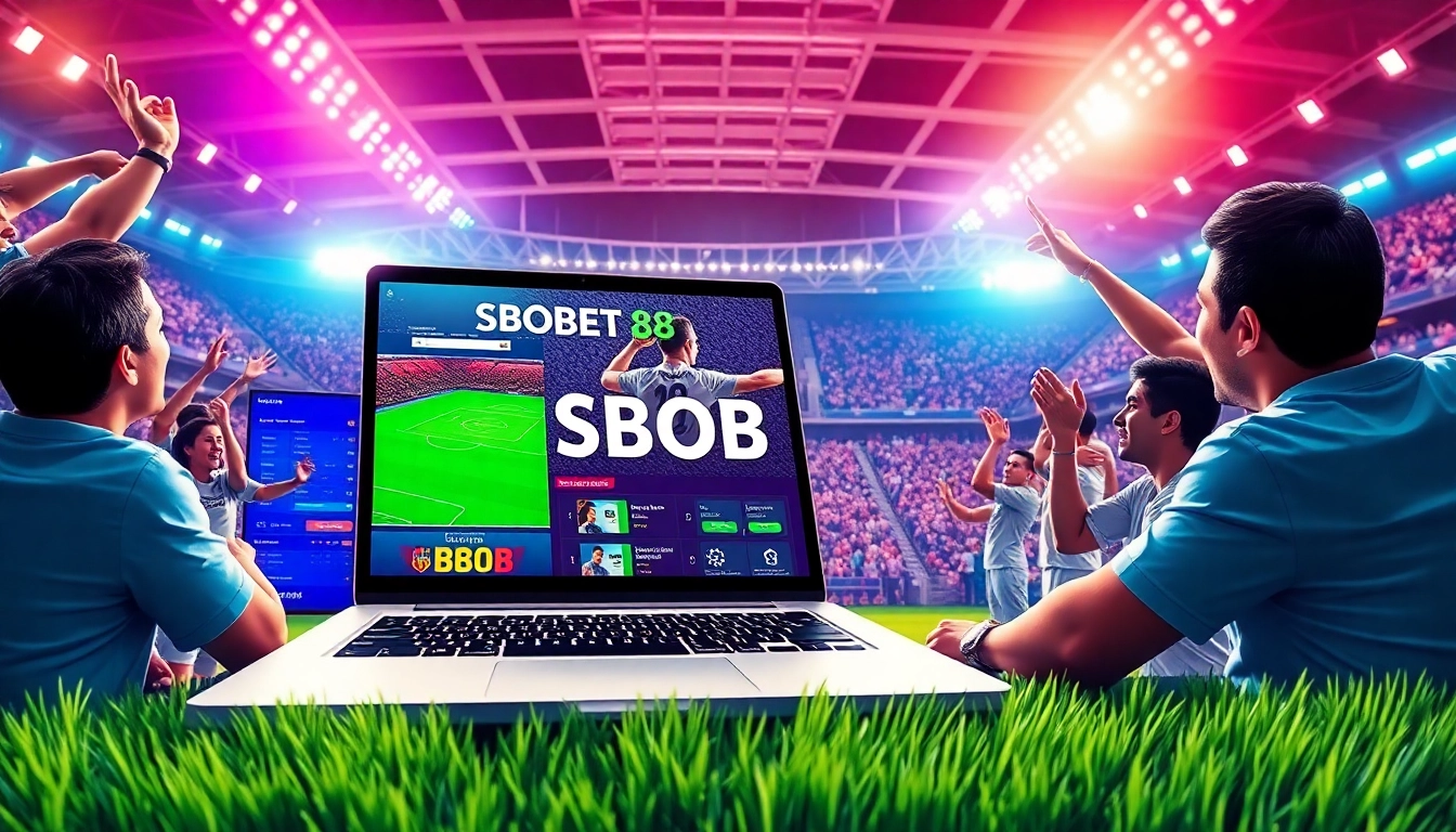 Taruhan dengan SBOBET88 menampilkan pengguna gembira di stadion olahraga.