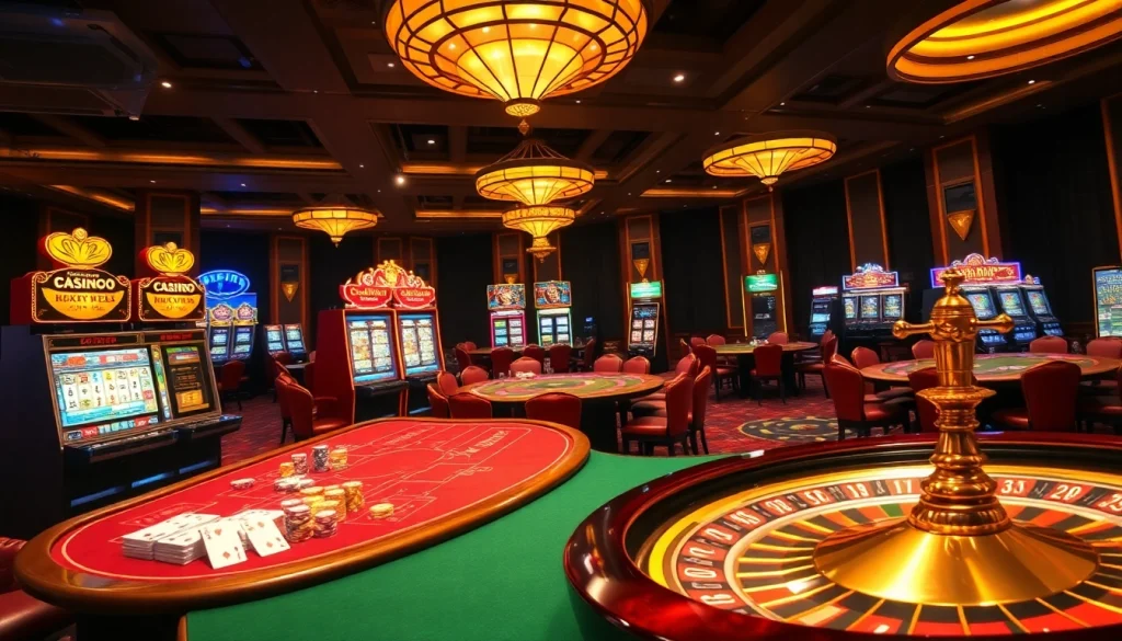 Experience the thrill of casino gaming with OK8386 as vibrant slot machines and poker tables light up the floor.