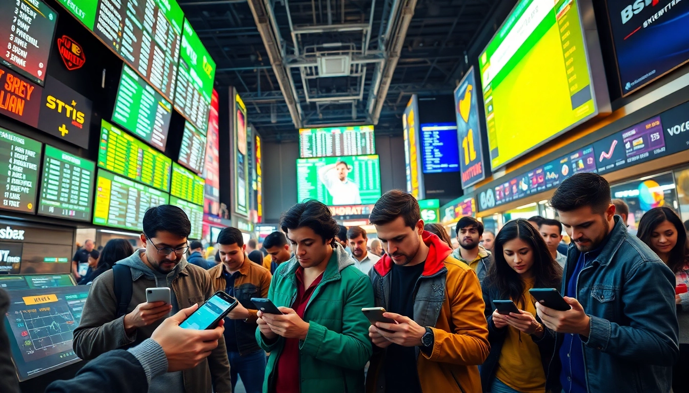 Engaged individuals participating in sports betting in a lively environment with digital devices.