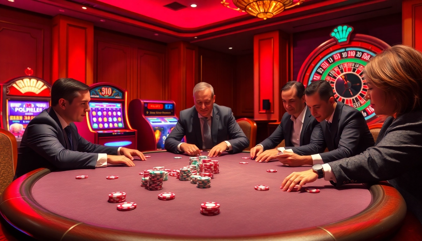 79king players strategizing at a high-stakes poker table surrounded by vibrant casino elements.