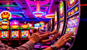 Slot Game yang mendebarkan dengan mesin slot berwarna-warni dan pemain yang antusias.