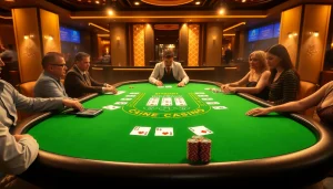 Experience exciting gameplay at a sophisticated Blackjack Casino table with players engaged.