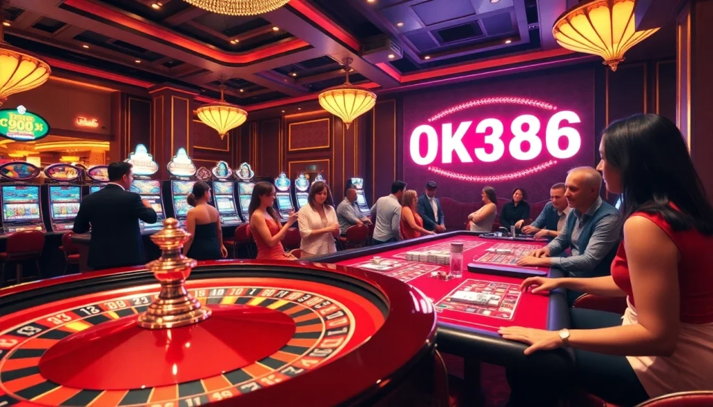Exciting casino scene with players enjoying games, highlighting OK8386 in a luxurious environment.