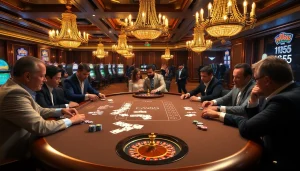 Engage in high-stakes poker at win55 in a luxurious casino setting with vibrant slot machines.