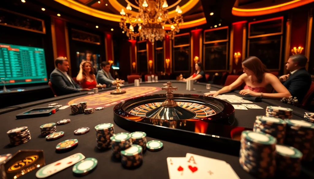 Engaging players at a luxurious casino table showcasing 링크모음, excitement with roulette and poker elements.