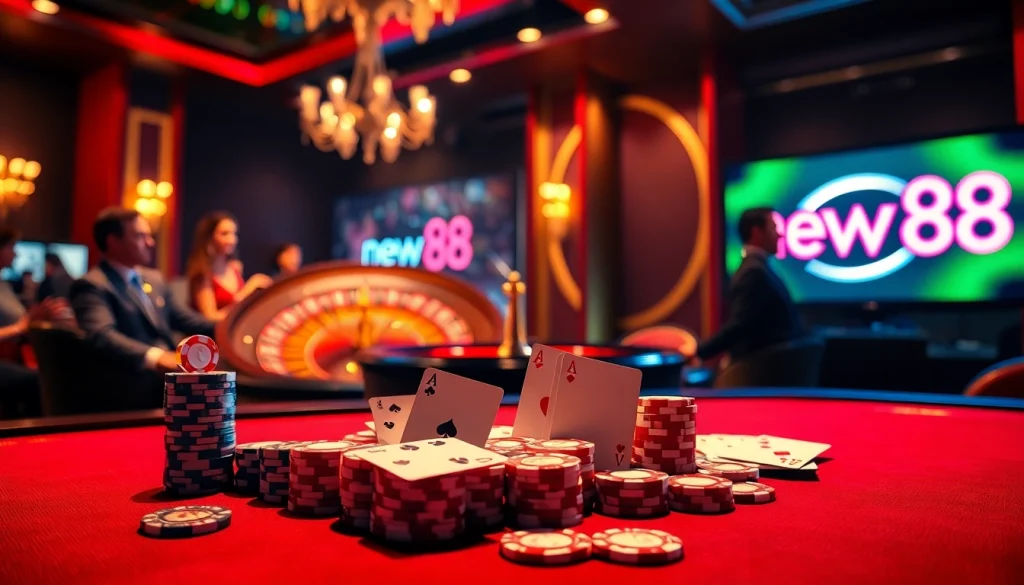 Engaging players at a new88 casino table, experiencing the thrill of high-stakes gambling.