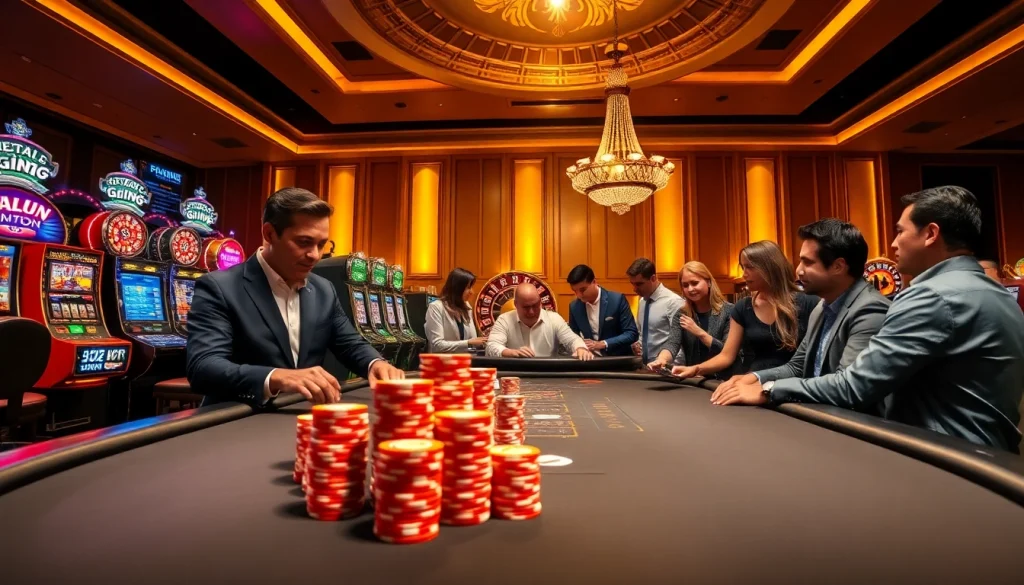 Engaging gamblers at a vibrant casino table featuring games from https://ga888.at with colorful chips and lively atmosphere.