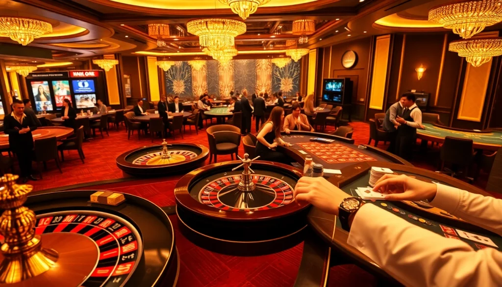 KJC casino scene featuring players at roulette and poker tables, embodying excitement and luxury.