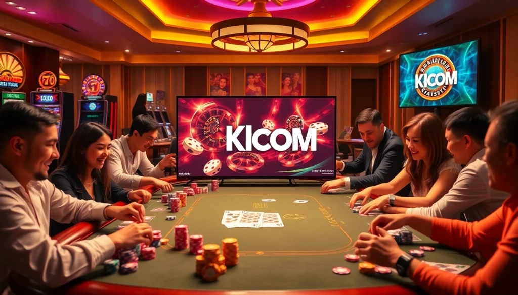Engaged players enjoying a thrilling casino experience with KJC COM branding prominently featured.