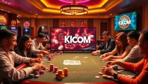 Engaged players enjoying a thrilling casino experience with KJC COM branding prominently featured.