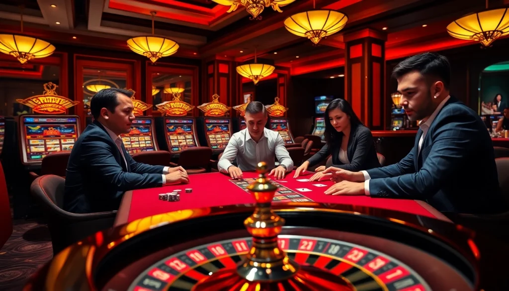 Experience thrilling poker at https://32win.cool/ with a luxurious casino backdrop featuring strategic players and vibrant slot machines.