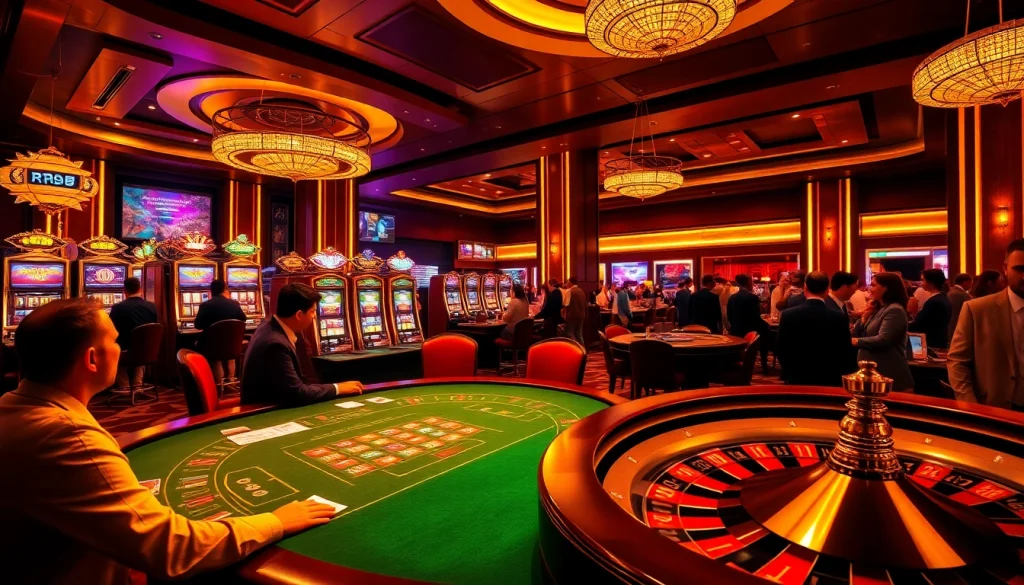 RR88 Đăng nhập at a modern casino with slot machines and a vibrant roulette wheel.