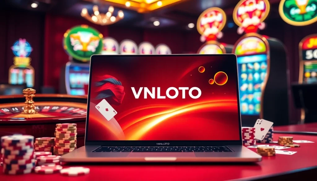 Engage with exciting games at VNLOTO's online platform featuring roulette wheels, poker chips, and more.