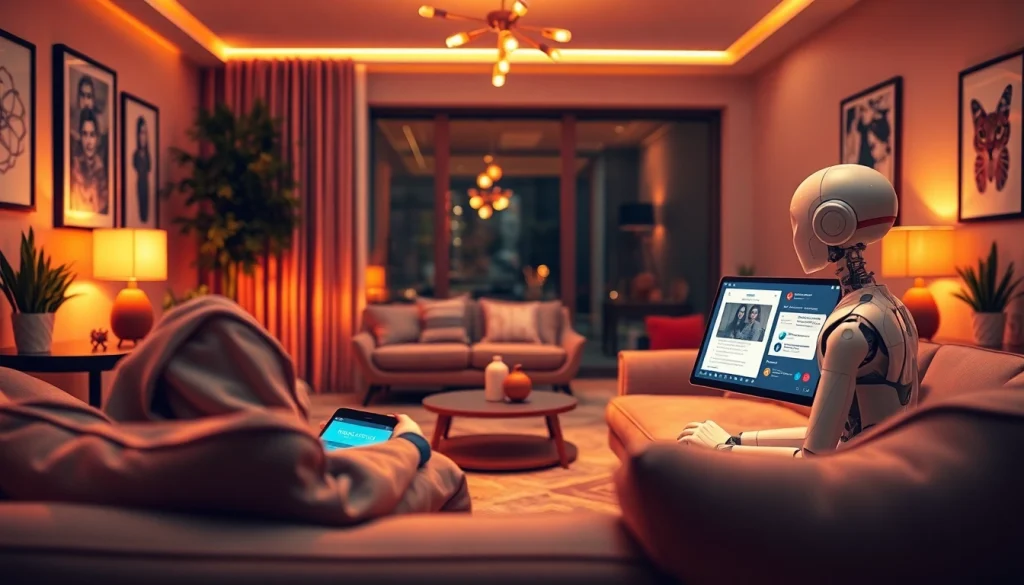 Free sex ai chatbot interaction in a cozy modern living room setting.