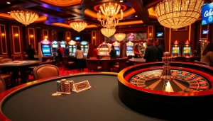 Experience the vibrant excitement of KJC global with luxurious casino elements including a roulette wheel and poker table.