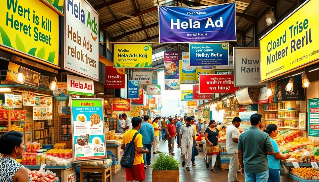 Hela Ads showcasing vibrant Sri Lankan marketplace with colorful vendor stalls and engaging local advertisements.