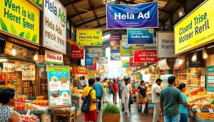 Hela Ads showcasing vibrant Sri Lankan marketplace with colorful vendor stalls and engaging local advertisements.