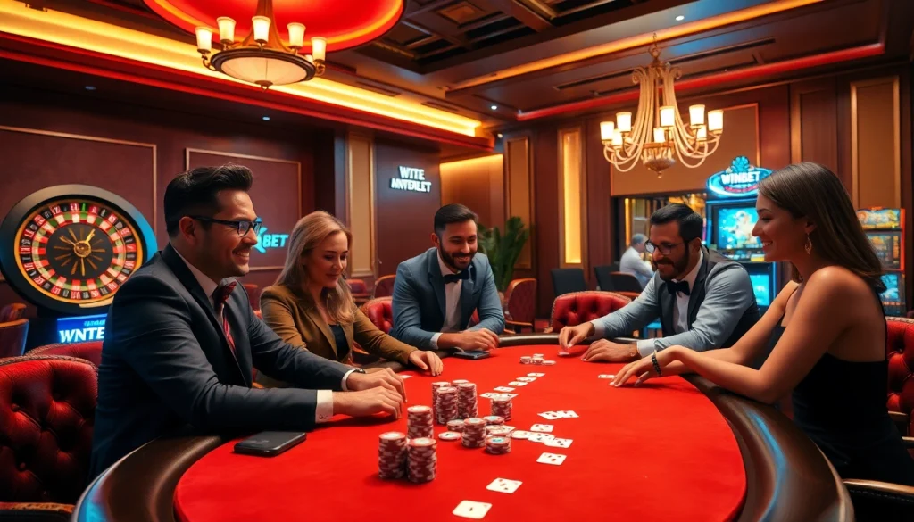 WINBET poker players enjoy an exciting and luxurious casino atmosphere with vibrant tables and betting chips.