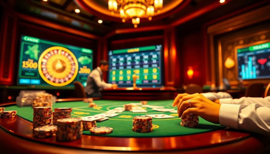 Exciting gambling action at Nhà Cái Ga888, featuring poker chips and roulette.